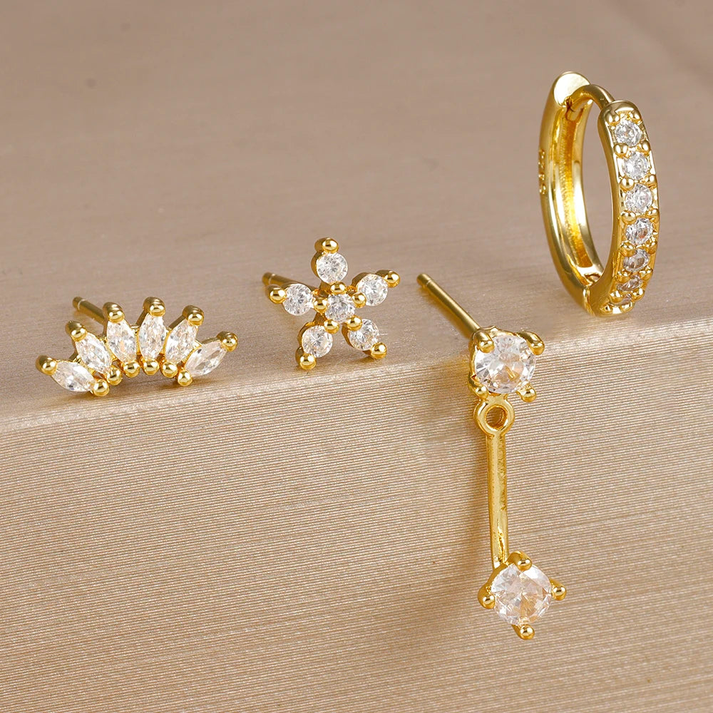 4PCS Stainless Steel Circle Huggie Hoop Earrings Set for Women Gold Color Unique Zircon Flower Stud Earring Piercing Jewelry
