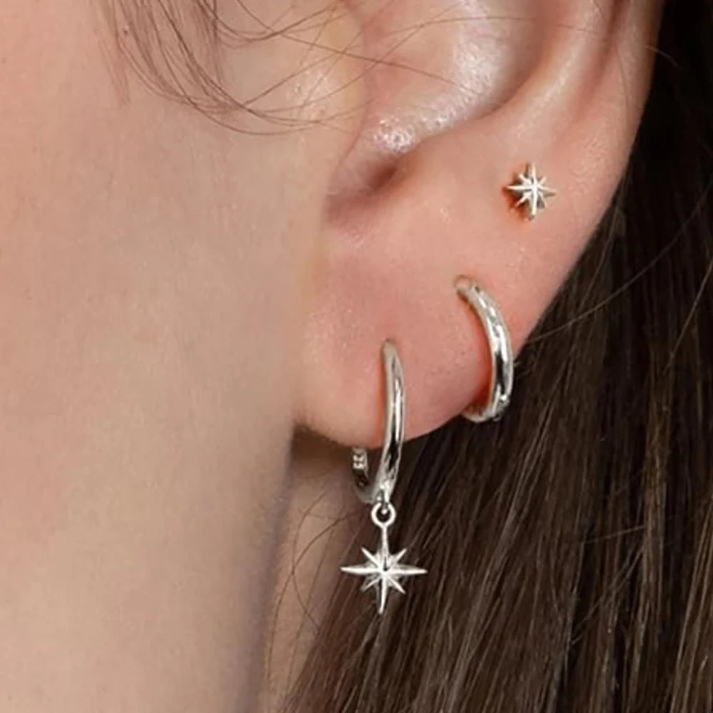 3 Piece Fashion Stainless Steel Round Star Drop Earrings Set for Women 18K Gold Plated Dangle Earring Punk Unisex Rock Jewelry