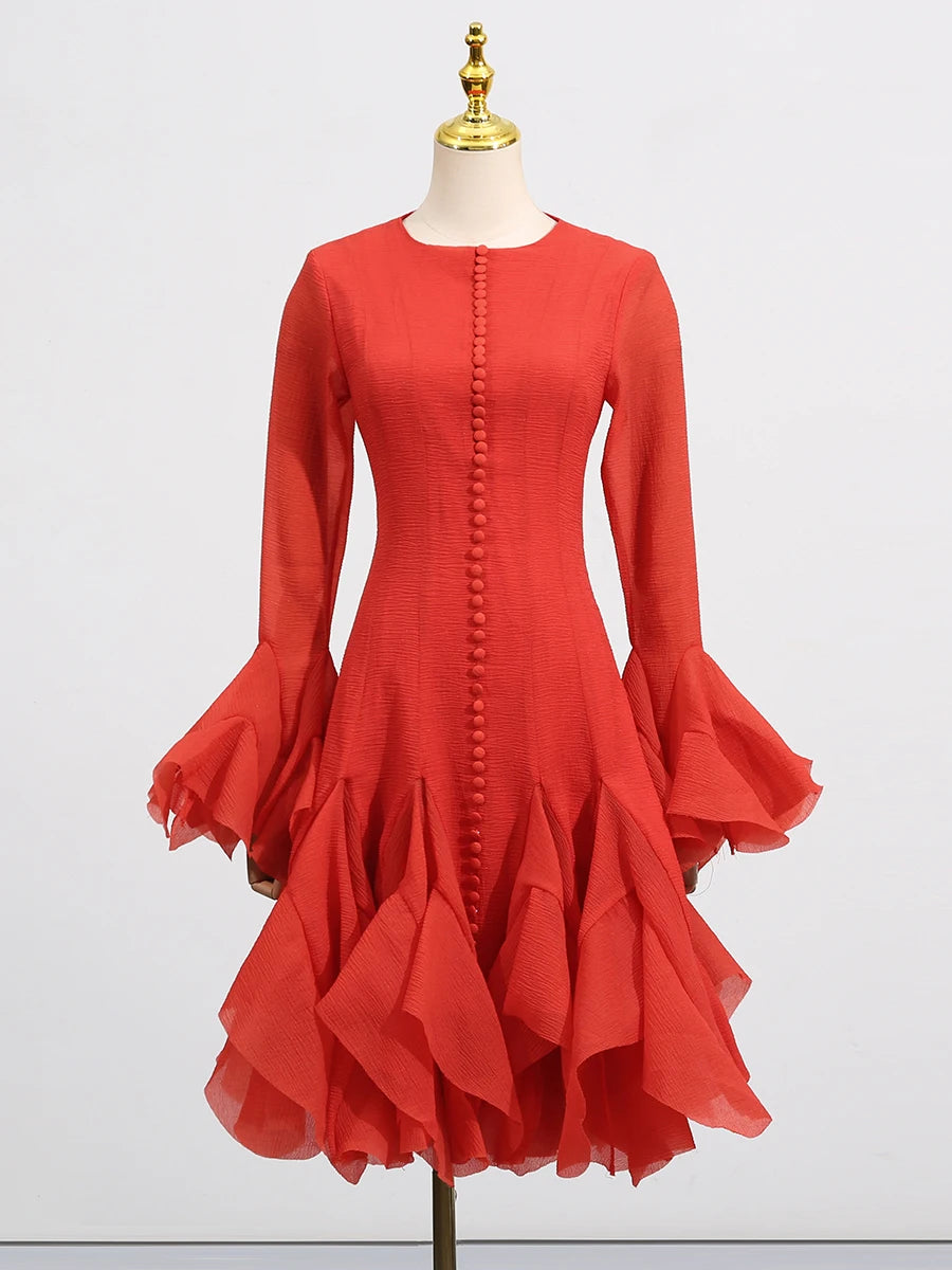 VGH Sweet Ruffles Elegant Knee Length Dresses for Women Round Neck Flare Sleeve High Waist Spliced Button A Line Dress Female
