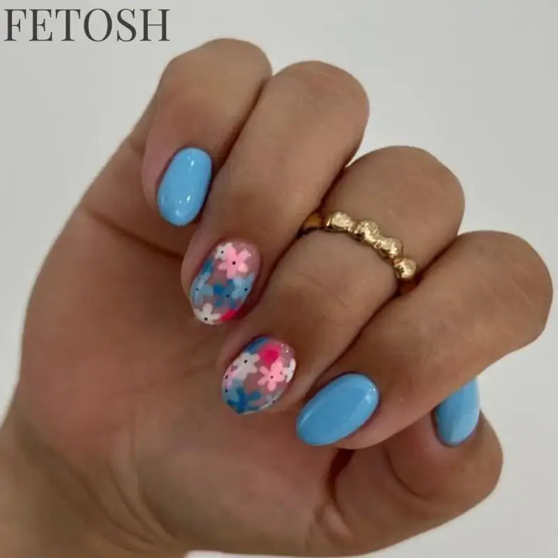 24Pcs Simple Square False Nails Short French Fake Nails Press on Colorful Flowers Design Full Cover Nail Tips Manicure Tools