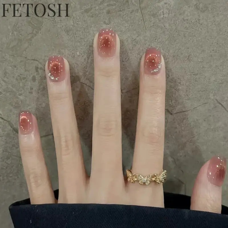 24pcs Crystal Cat Eye False Nails with Glue Short Square Press on Nails Shiny Red Jewel Nail Solid Color Fake Nails Minimalis