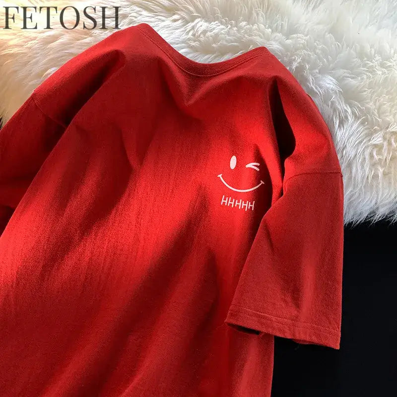 Men Women's Smiling Face Funny Fashion Couple Short Sleeved T-shirt American Basic Simple Oversized Loose Boys' Pullover Top