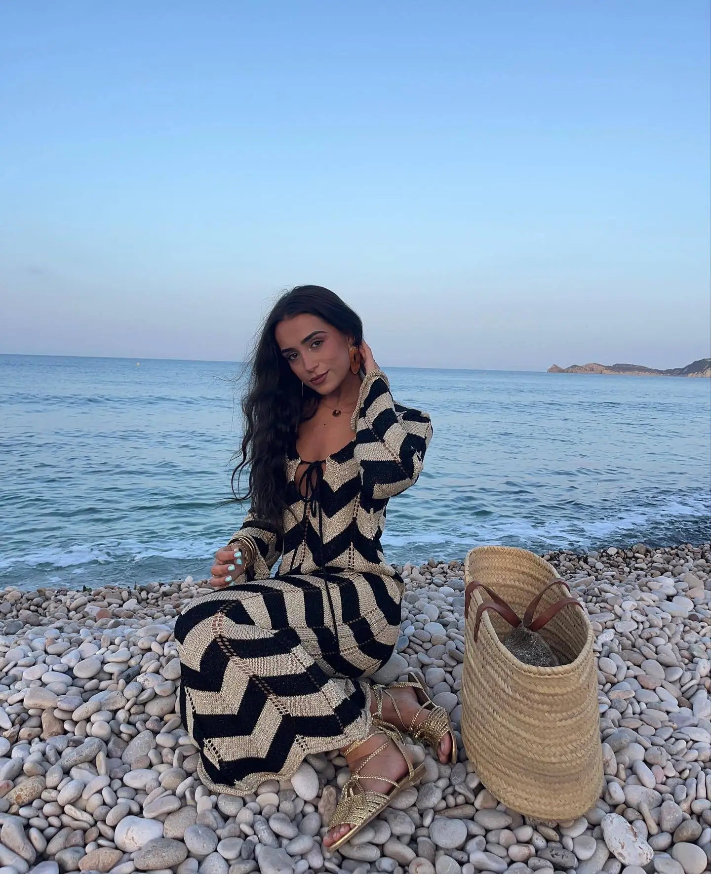 DSMTRC Women's Stripled Long Sleeve Slim Elegant Knitted Maxi Dress V Neck Autumn New Lace Up Hollow Sexy Beach Cover Up Dress