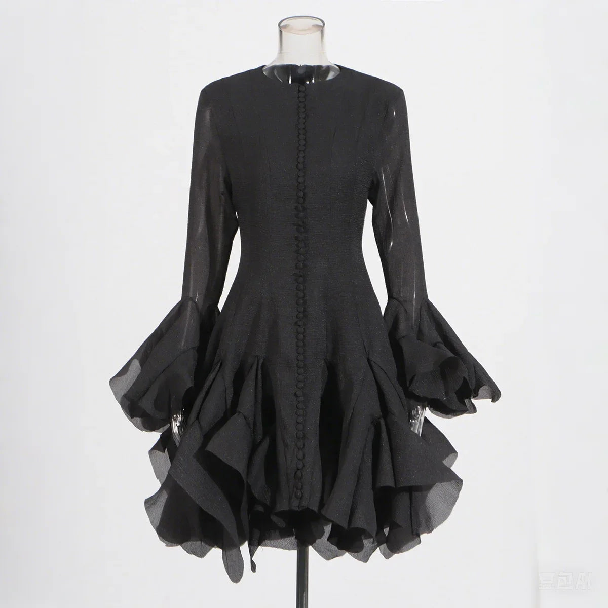 VGH Sweet Ruffles Elegant Knee Length Dresses for Women Round Neck Flare Sleeve High Waist Spliced Button A Line Dress Female