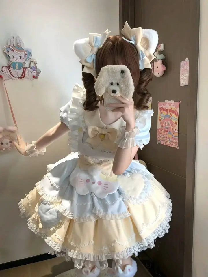 2025 Japanese Sweet Lolita Kawaii Dress Women Spring Printed Bow Fake Two Piece Dress Female Korea Style Design Party Clothing