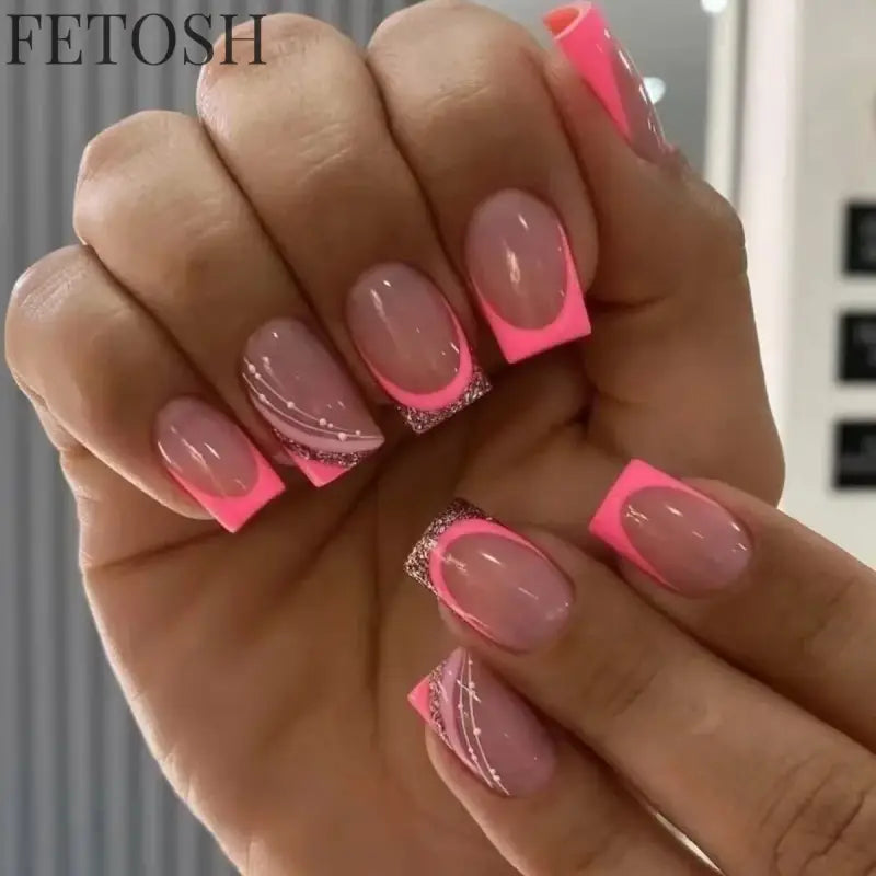 24Pcs Medium Short Square False Nails Glittering Nail Art White Wearable Fake Nail Silver French Full Cover Press on Nail Tips