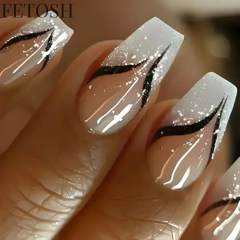 24Pcs Medium Short Square False Nails Glittering Nail Art White Wearable Fake Nail Silver French Full Cover Press on Nail Tips