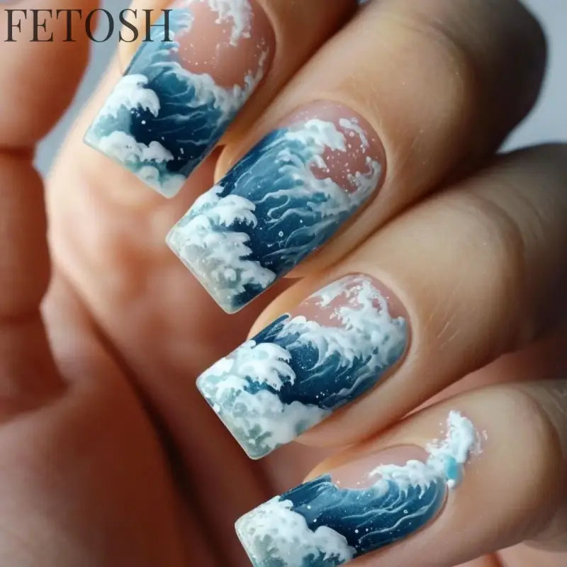 24Pcs Blue False Nails Gradient with French Design Wearable Fake Nails Gradient Short Coffin Full Cover Press on Nail Tips Art