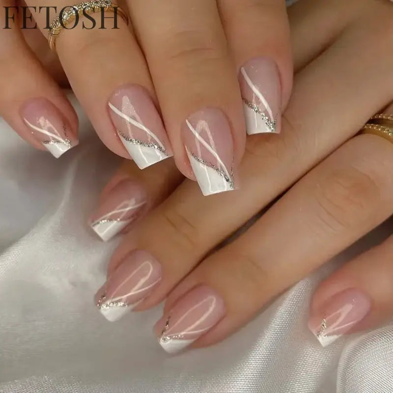 24Pcs Medium Short Square False Nails Glittering Nail Art White Wearable Fake Nail Silver French Full Cover Press on Nail Tips