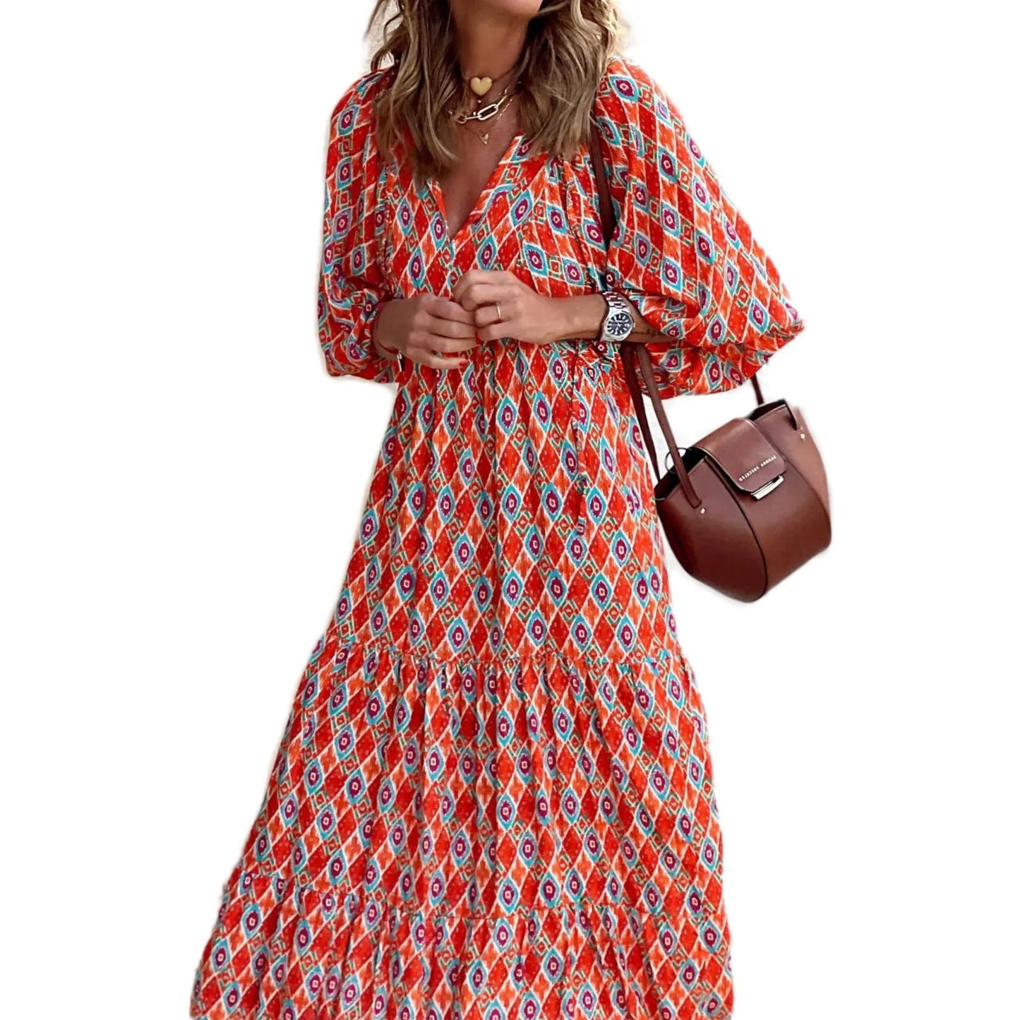 Women Puff Sleeve Boho Maxi Dress Vintage Elegant Fashion Casual Print Floral V-Neck Loose Ladies Holiday Beach Party Vestidos