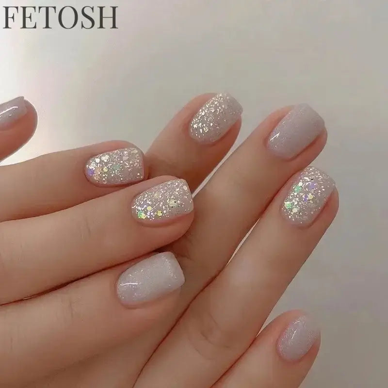 24Pcs Shiny Pearl Wearable False Nails Short Square Fake Nail Simple Summer Press on Nails Detachable Full Cover Nail Tips