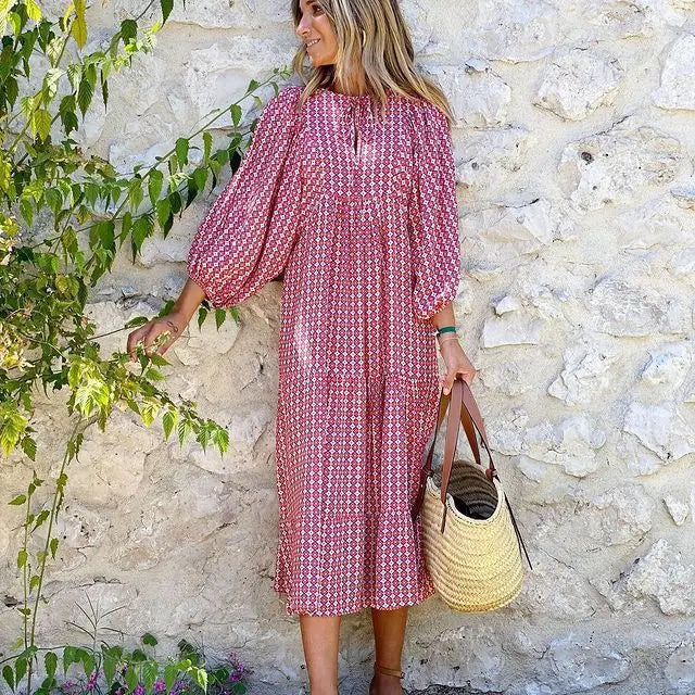 Women Puff Sleeve Boho Maxi Dress Vintage Elegant Fashion Casual Print Floral V-Neck Loose Ladies Holiday Beach Party Vestidos