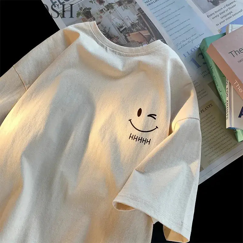 Men Women's Smiling Face Funny Fashion Couple Short Sleeved T-shirt American Basic Simple Oversized Loose Boys' Pullover Top