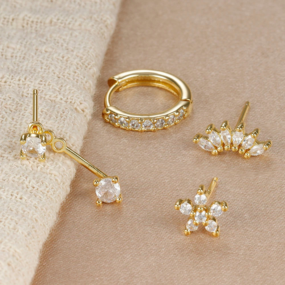4PCS Stainless Steel Circle Huggie Hoop Earrings Set for Women Gold Color Unique Zircon Flower Stud Earring Piercing Jewelry