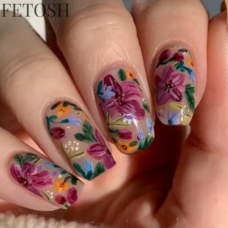 24Pcs Sweet Countryside Flowers False Nails Coffin with Jelly Glue Simple Flower Butterfly French Short Removable Wearable Nails