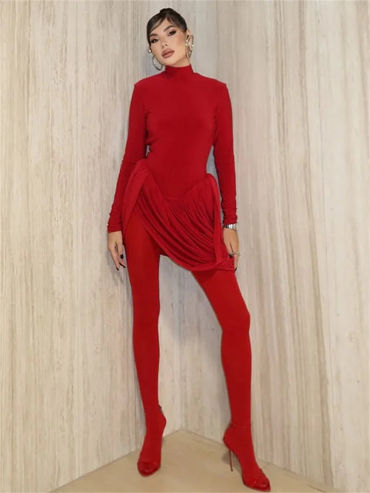 Tossy Backless Pleated Skinny Mini Dress Fashion Long Sleeve High Waist Patchwork Solid Elegant Party Dress Women Bandage Dress
