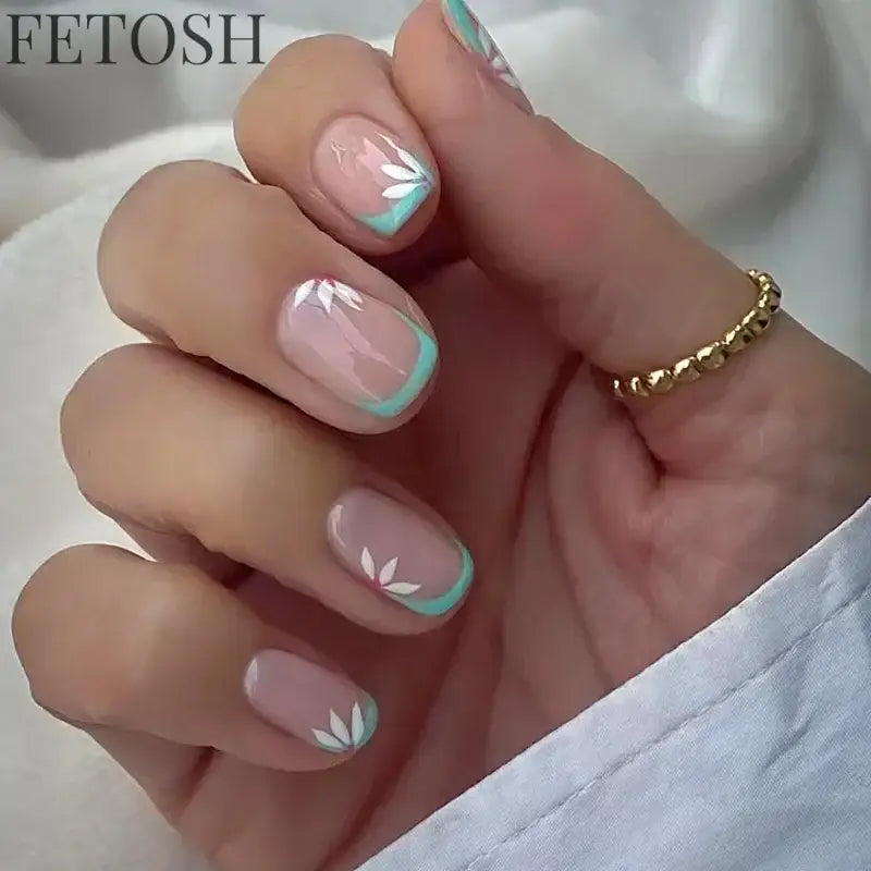24Pcs Simple Square False Nails Short French Fake Nails Press on Colorful Flowers Design Full Cover Nail Tips Manicure Tools