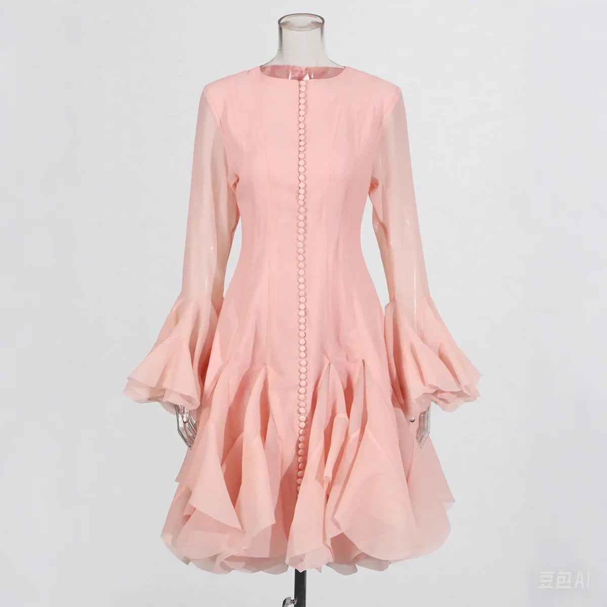 VGH Sweet Ruffles Elegant Knee Length Dresses for Women Round Neck Flare Sleeve High Waist Spliced Button A Line Dress Female