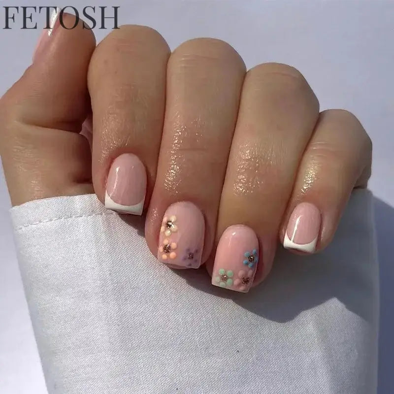 24Pcs Spring Colorful French Fake Nail with Designs Short Square Head Press on False Nails Wearable Simple Jelly Sticks on Nails