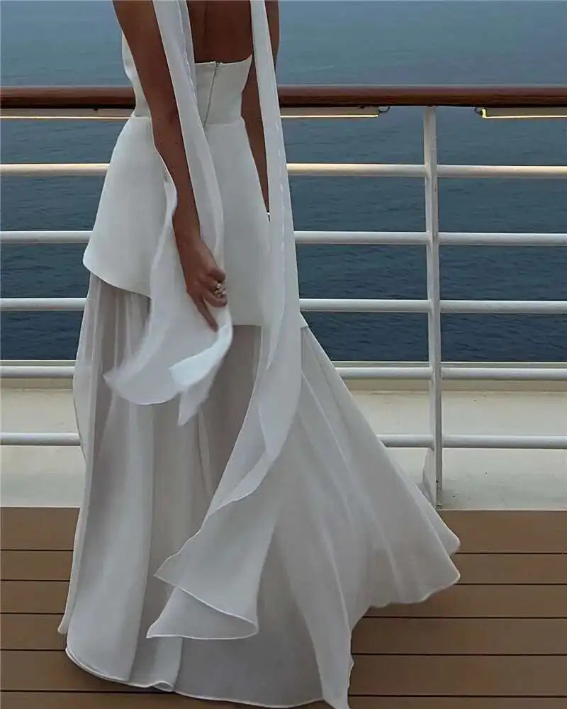 Mozision Elegant Strapless Sexy Maxi Dress For Women Gown With Scarf Off-shoulder Sleeveless Backless Split Beach Long Dress