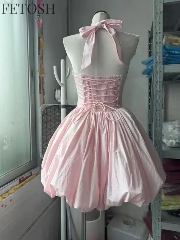 VGH Sexy Temperament Tunic Ball Gown for Women Halter Sleeveless Patchwork Lace Up Short Prom Dresses Female Clothing Fashion