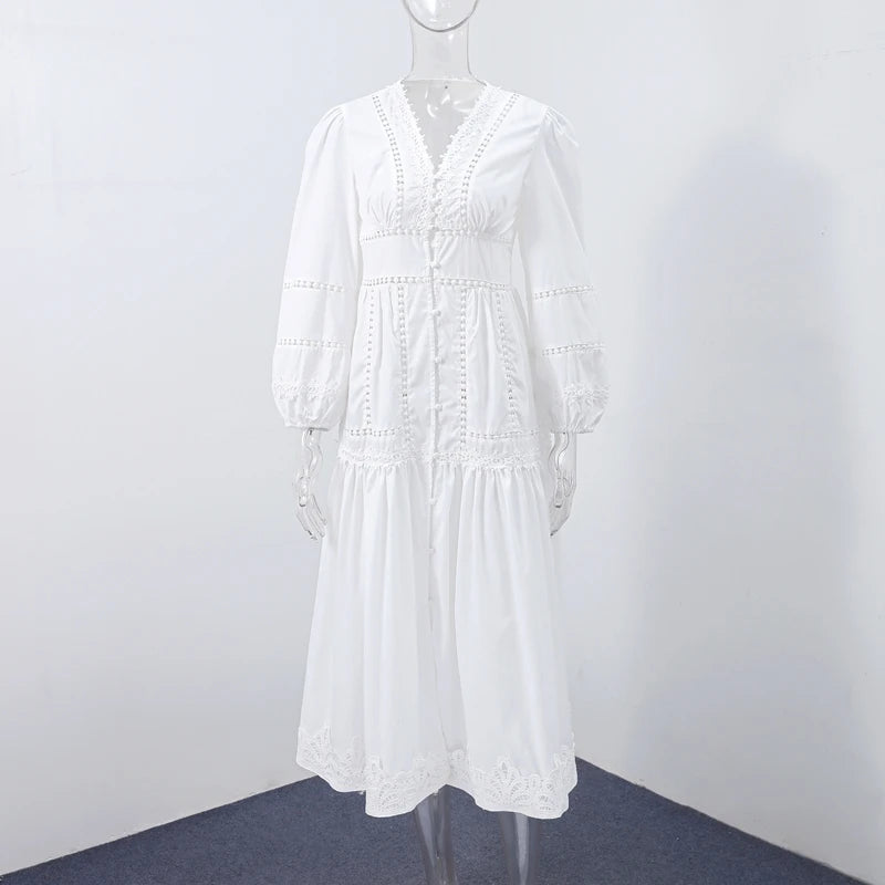 Casual Hollow Out Embroidery Pleated Long Dress Women V-neck Lantern Sleeve Single Breasted Dresses 2025 Summer Lady Chic Robes