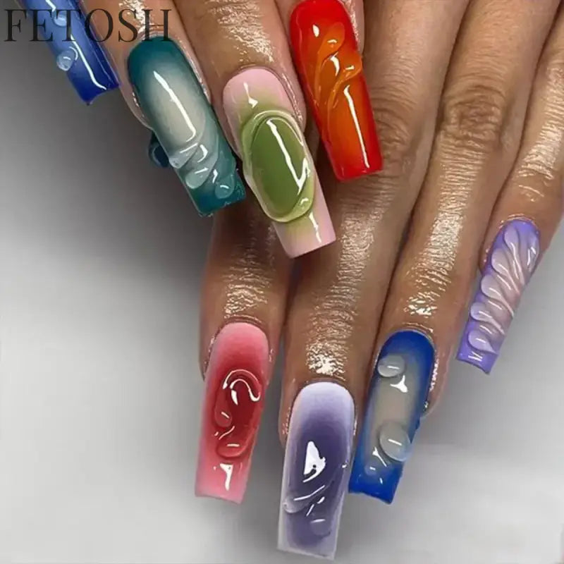 24Pcs 3D Long Ballet False Nails White Coffin Wave with French Design Wearable Fake Nails Gold Line Full Cover Press on Nails