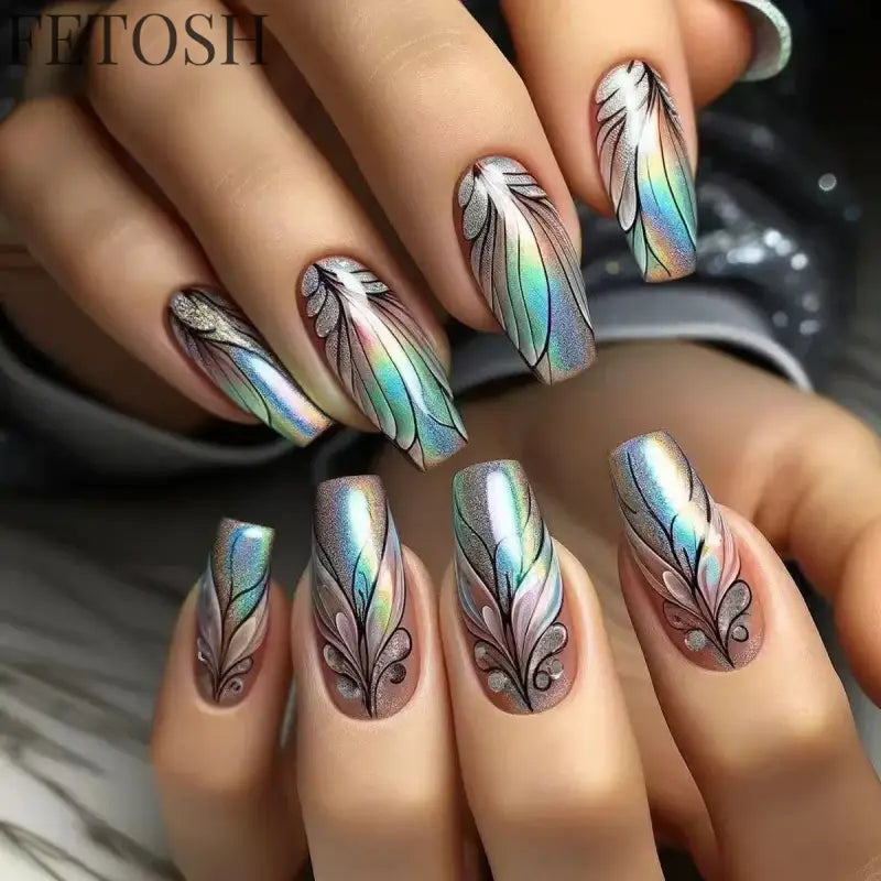 24Pcs Medium Short Square False Nails Glittering Nail Art White Wearable Fake Nail Silver French Full Cover Press on Nail Tips