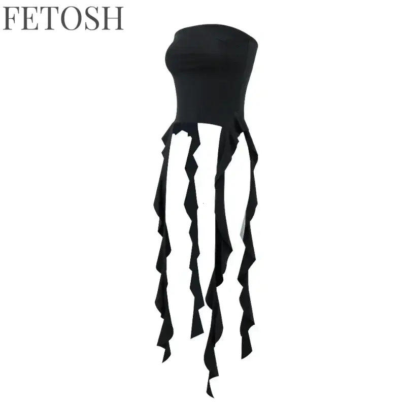 Y2k Tank Tops Asymmetrical Fringed Ruffle Top Streetwear Black Strapless Womans Summer Clothes Tank Top Women 2025