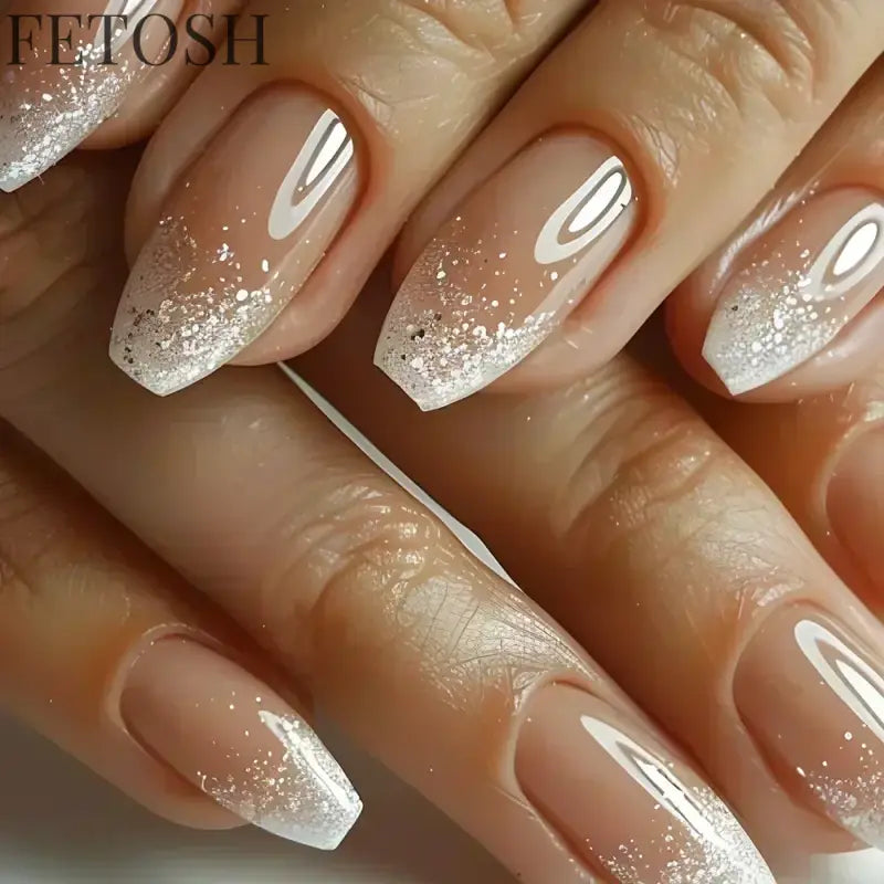 24Pcs Medium Short Square False Nails Glittering Nail Art White Wearable Fake Nail Silver French Full Cover Press on Nail Tips