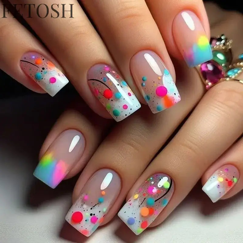 24Pcs Sweet Countryside Flowers False Nails Coffin with Jelly Glue Simple Flower Butterfly French Short Removable Wearable Nails
