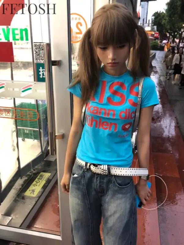 Karrram Japanese Y2k Letter Print T-shirt Trashy 2000s Style Crop Top Vintage Harajuku Short Sleeve Tee Shirt American Retro 90s