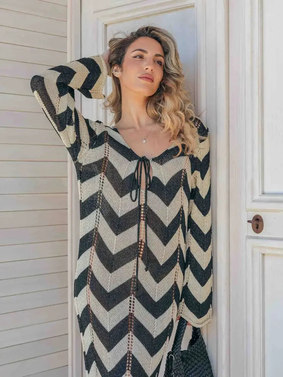 DSMTRC Women's Stripled Long Sleeve Slim Elegant Knitted Maxi Dress V Neck Autumn New Lace Up Hollow Sexy Beach Cover Up Dress