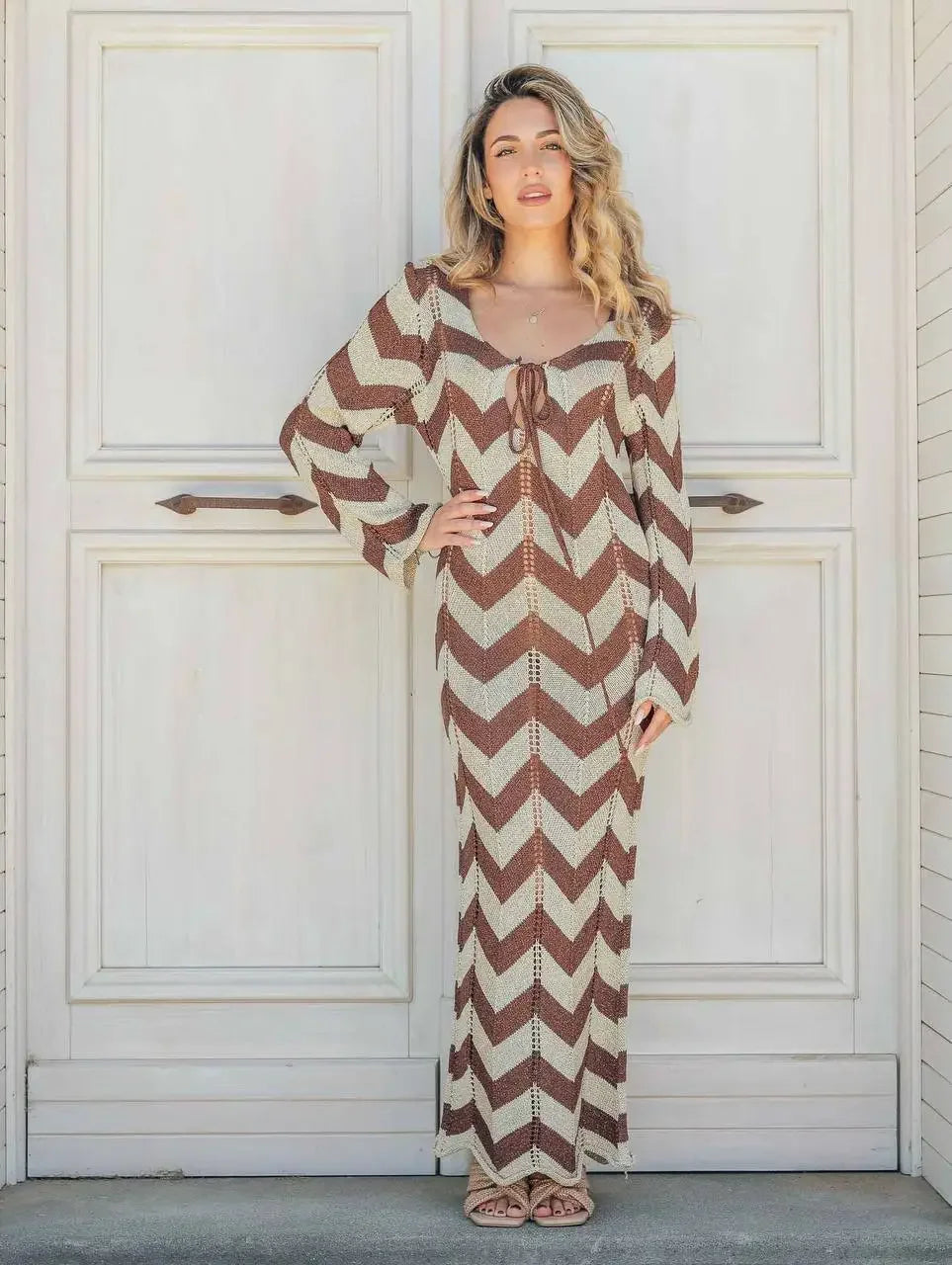 DSMTRC Women's Stripled Long Sleeve Slim Elegant Knitted Maxi Dress V Neck Autumn New Lace Up Hollow Sexy Beach Cover Up Dress