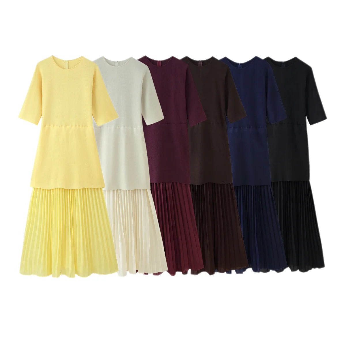 TRAFZA Women Elegant Half Sleeves O-Collar Pleated Dress Spring Woman Rear Zipper Splicing Vintage Casual Knitted Long Dress
