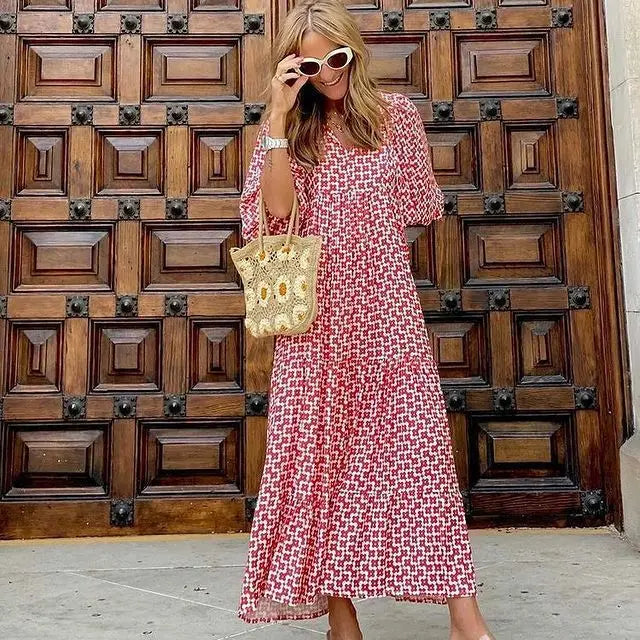 Women Puff Sleeve Boho Maxi Dress Vintage Elegant Fashion Casual Print Floral V-Neck Loose Ladies Holiday Beach Party Vestidos