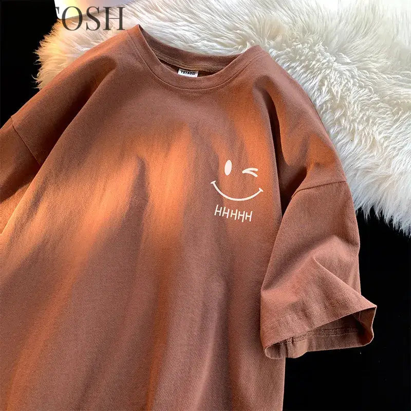 Men Women's Smiling Face Funny Fashion Couple Short Sleeved T-shirt American Basic Simple Oversized Loose Boys' Pullover Top