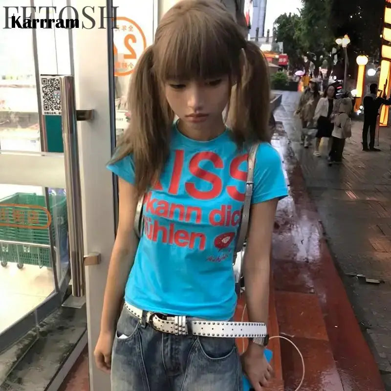 Karrram Japanese Y2k Letter Print T-shirt Trashy 2000s Style Crop Top Vintage Harajuku Short Sleeve Tee Shirt American Retro 90s