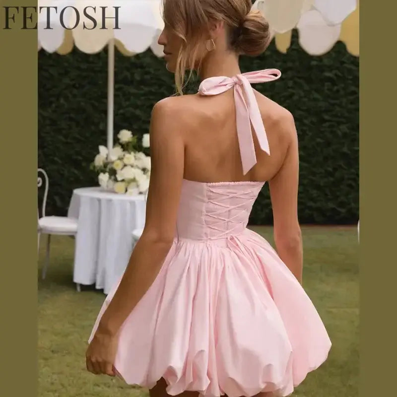 Sexy Lace-up Backless Pleated Halter Mini Dress Women Fashion Off Shoulder Puff Hem A-line Dresses 2025 Summer Lady Partywear