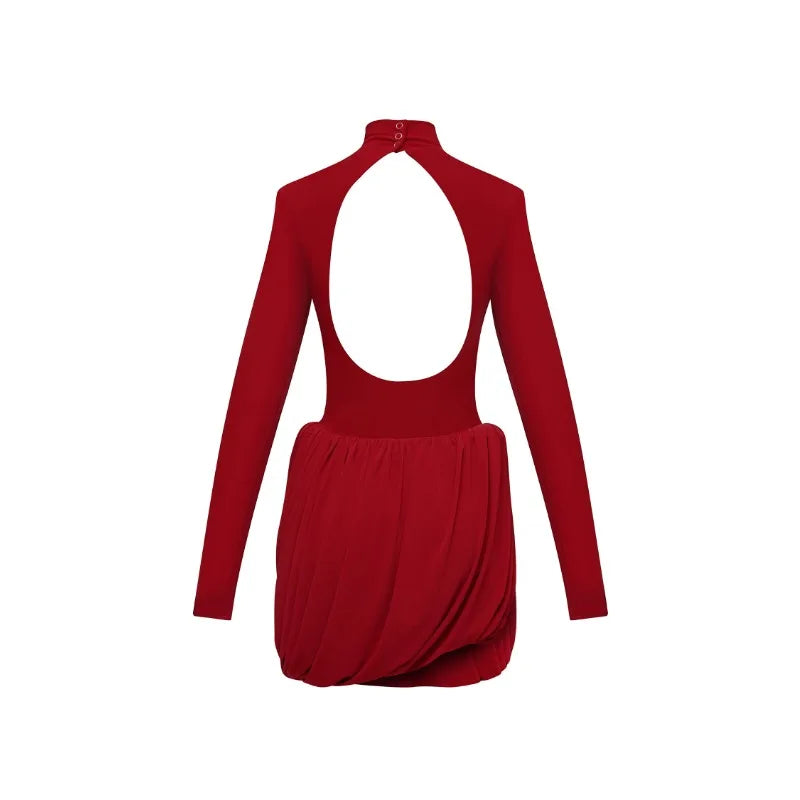 Tossy Backless Pleated Skinny Mini Dress Fashion Long Sleeve High Waist Patchwork Solid Elegant Party Dress Women Bandage Dress