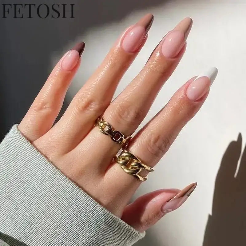 24Pcs Simple Green French False Nails Short Almond Fake Nails with Wave Line Design Wearable Round Head Press on Nail Tips