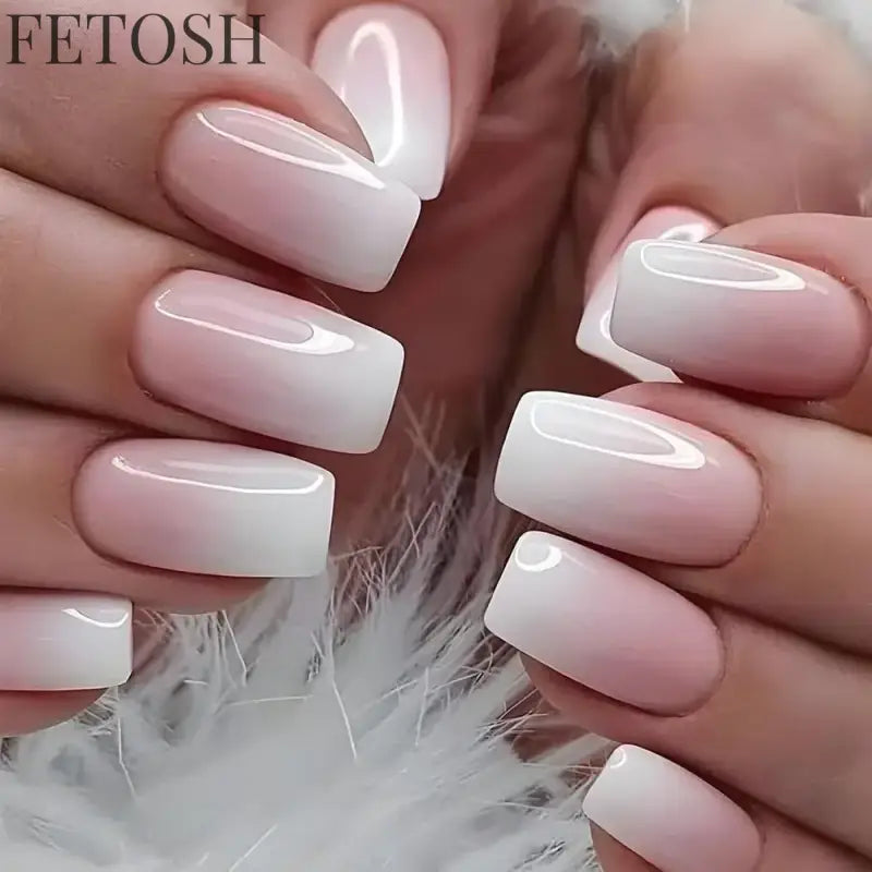 Glossy Press on Nails Set Short Oval Shiny Gradient French Nail Art Design Reusable Full Cover Fake Nails with Glue for Girls