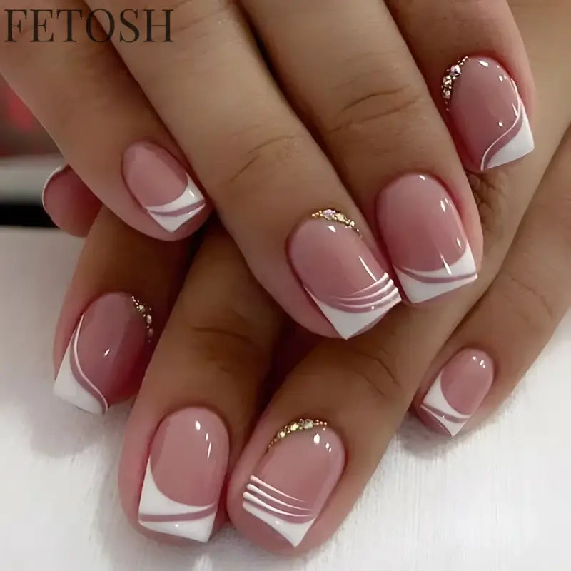 24Pcs Shiny Pearl Wearable False Nails Short Square Fake Nail Simple Summer Press on Nails Detachable Full Cover Nail Tips