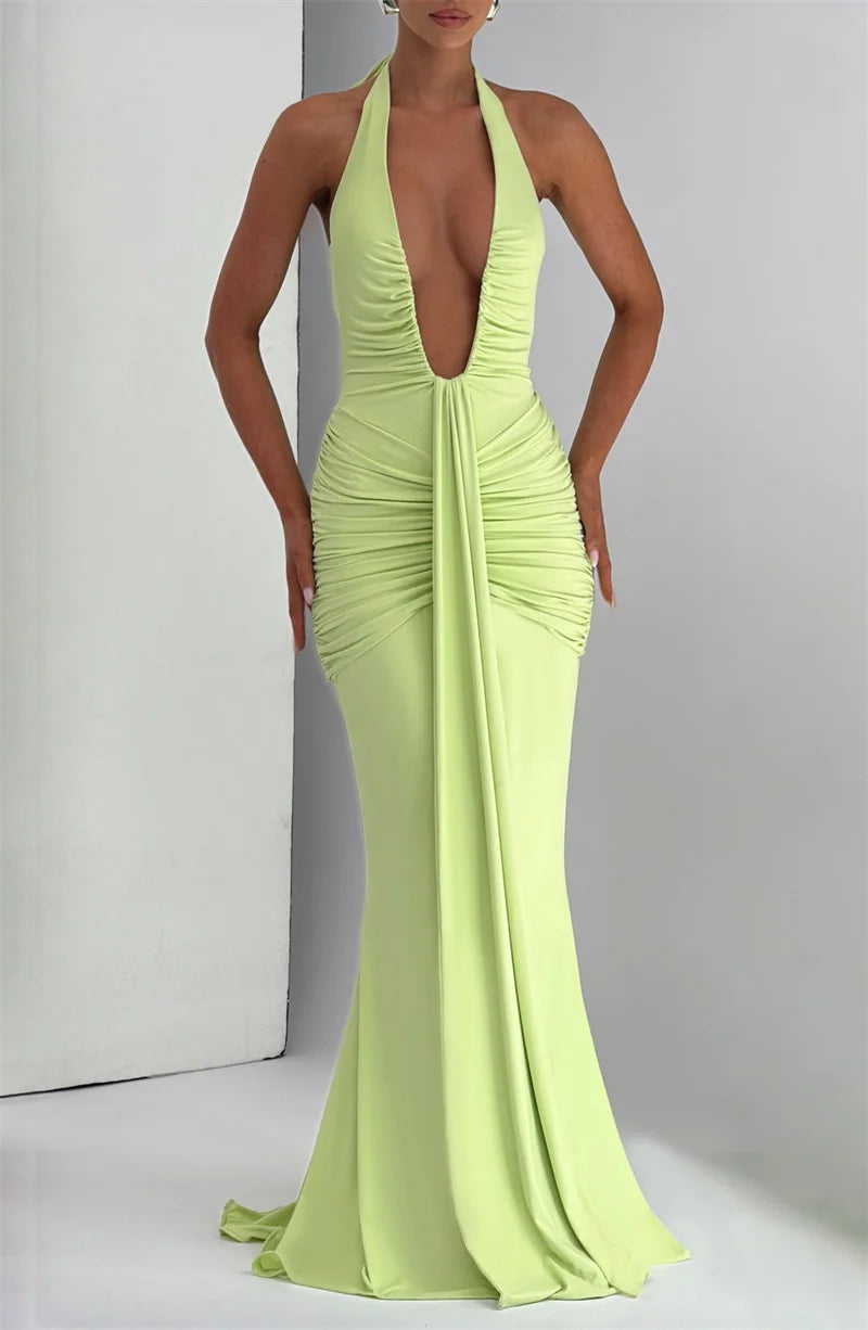 Mozision Deep V Neck Backless Ruched Sexy Maxi Dress Women Gown Summer Halter Sleeveless Draped Club Party Long Dress 2025