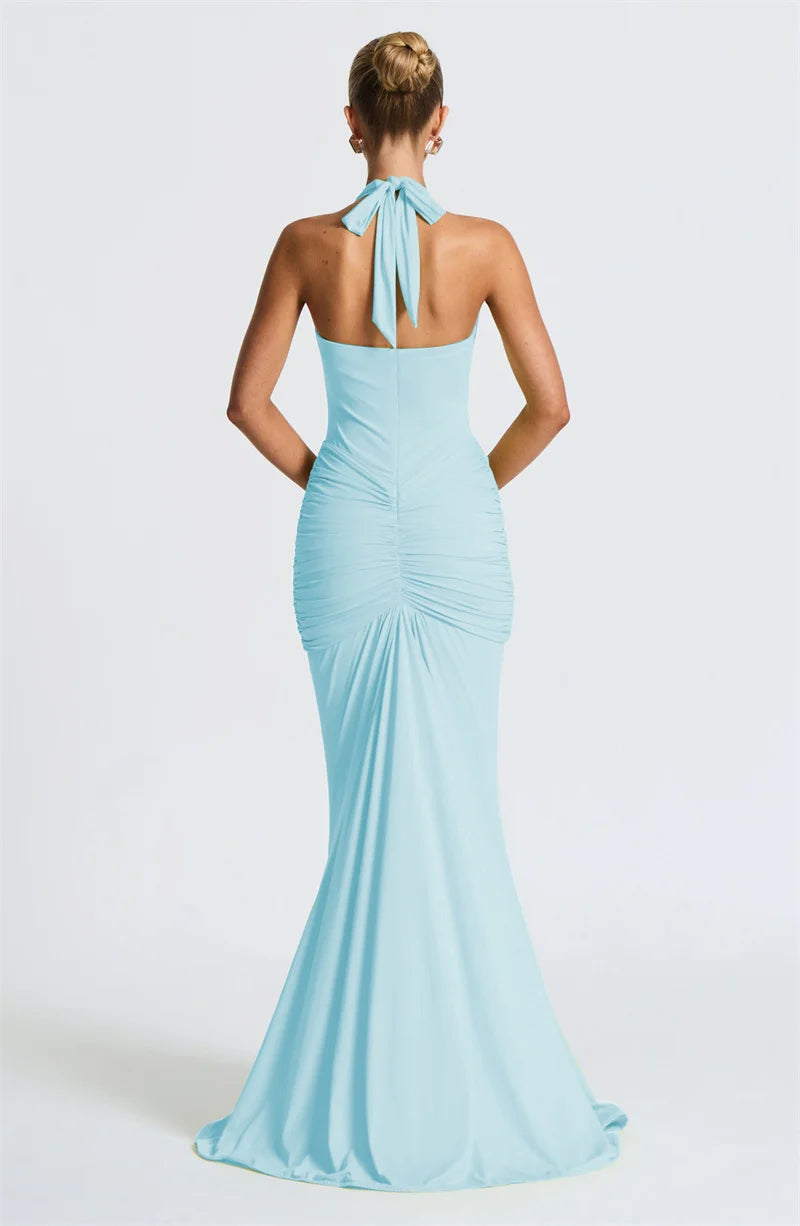 Mozision Deep V Neck Backless Ruched Sexy Maxi Dress Women Gown Summer Halter Sleeveless Draped Club Party Long Dress 2025
