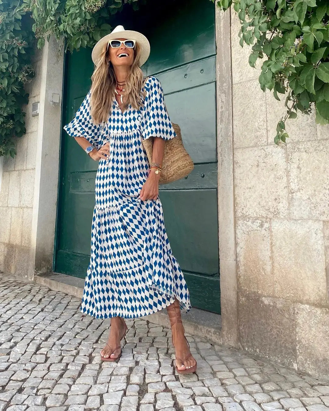 Women Puff Sleeve Boho Maxi Dress Vintage Elegant Fashion Casual Print Floral V-Neck Loose Ladies Holiday Beach Party Vestidos