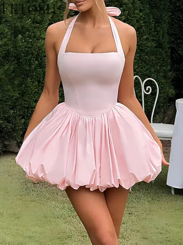 VGH Sexy Temperament Tunic Ball Gown for Women Halter Sleeveless Patchwork Lace Up Short Prom Dresses Female Clothing Fashion