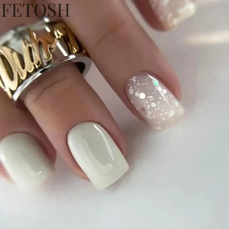 24Pcs Shiny Pearl Wearable False Nails Short Square Fake Nail Simple Summer Press on Nails Detachable Full Cover Nail Tips