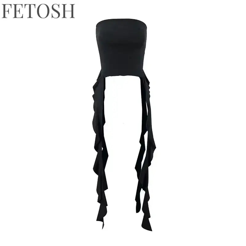 Y2k Tank Tops Asymmetrical Fringed Ruffle Top Streetwear Black Strapless Womans Summer Clothes Tank Top Women 2025