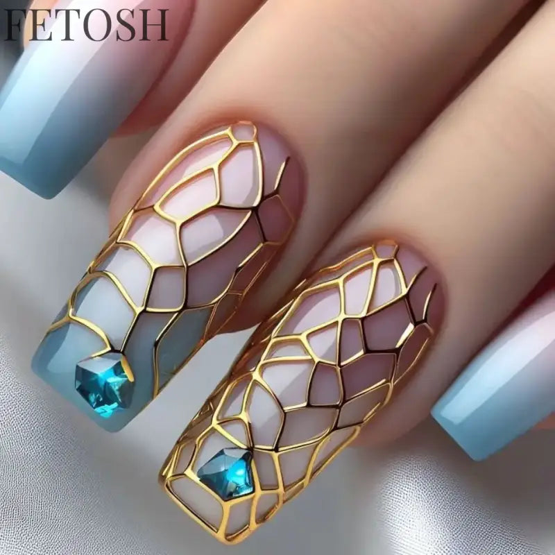 24Pcs Dark Blue Glossy Press on Nails Square False Nail with Glue Color Blending Acrylic Fake Nails Wearable Full Cover Nail Tip